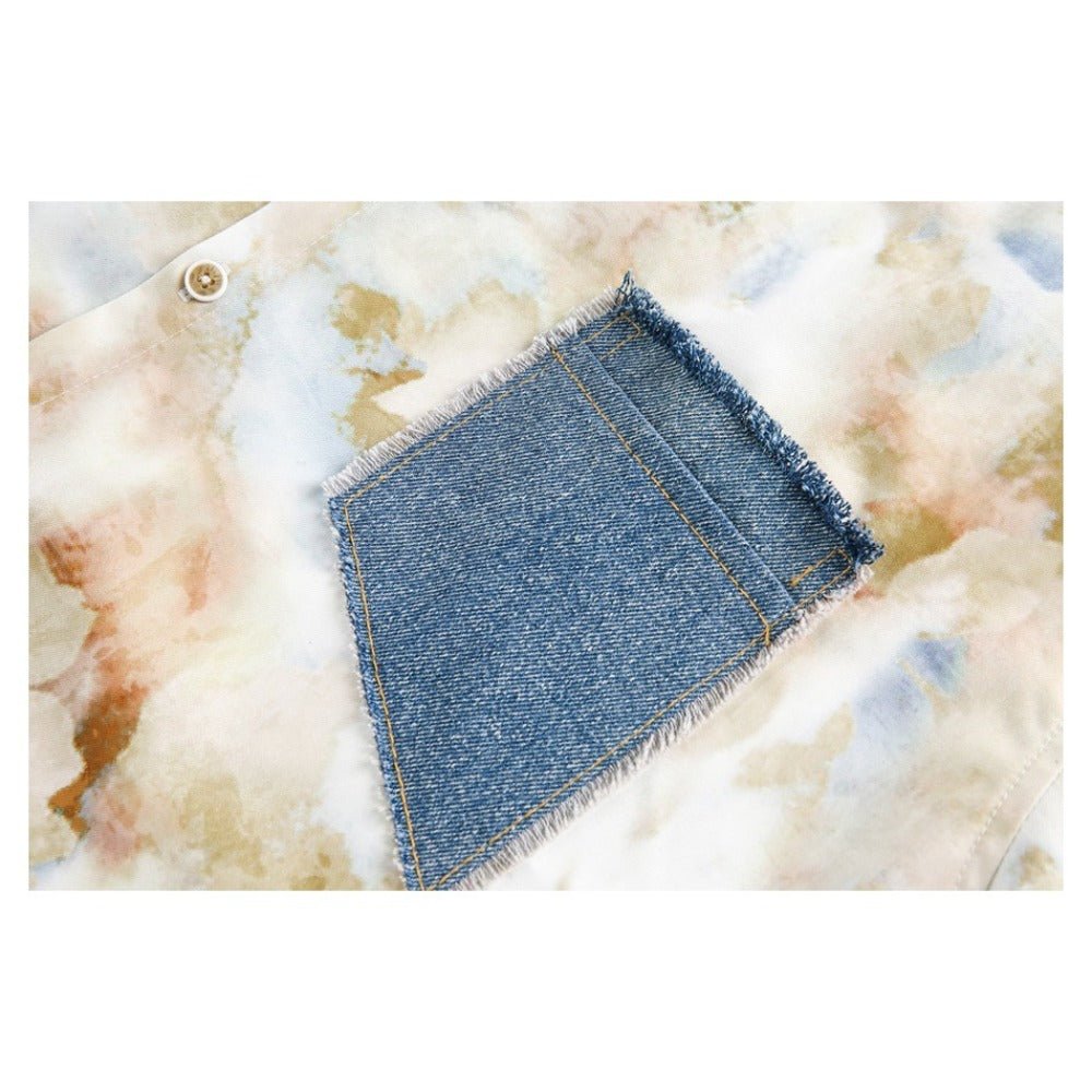 Watercolor Print Denim Short - Sleeve Shirt - Thrashink