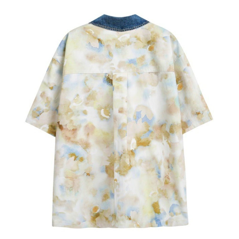 Watercolor Print Denim Short - Sleeve Shirt - Thrashink