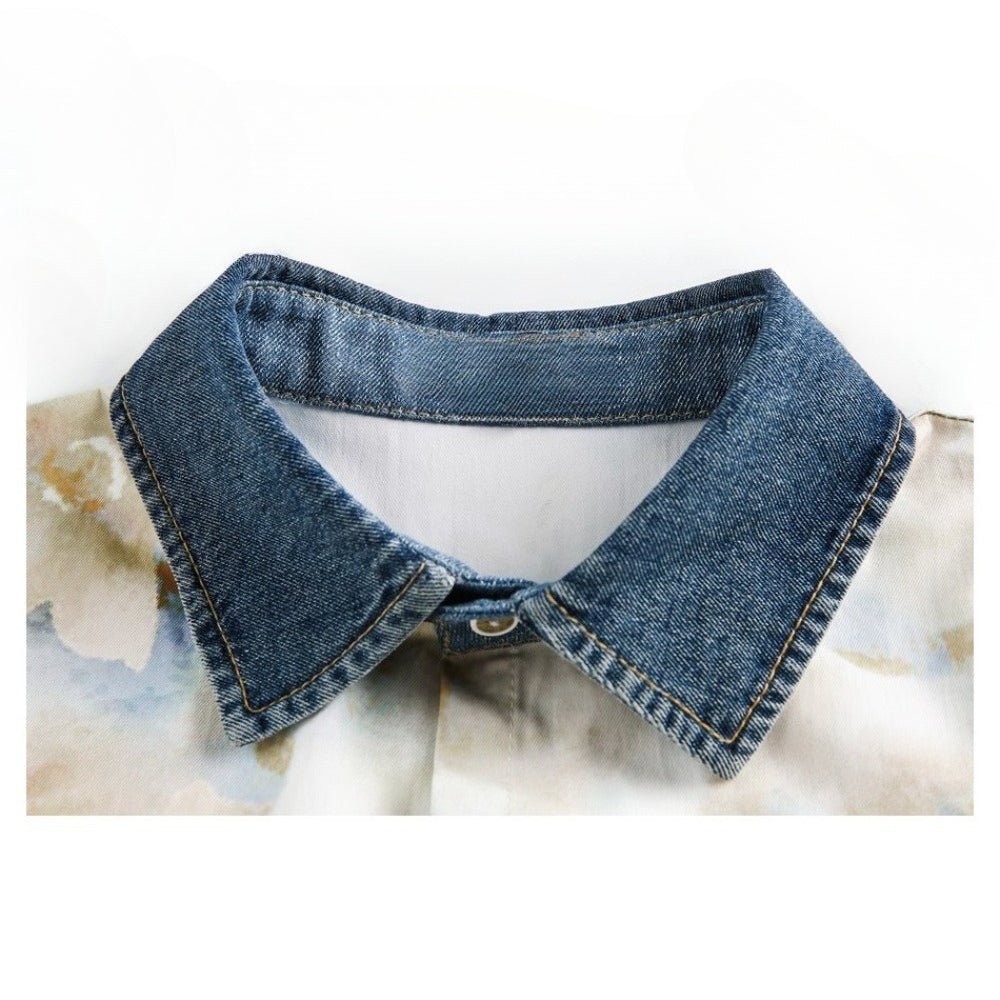 Watercolor Print Denim Short - Sleeve Shirt - Thrashink