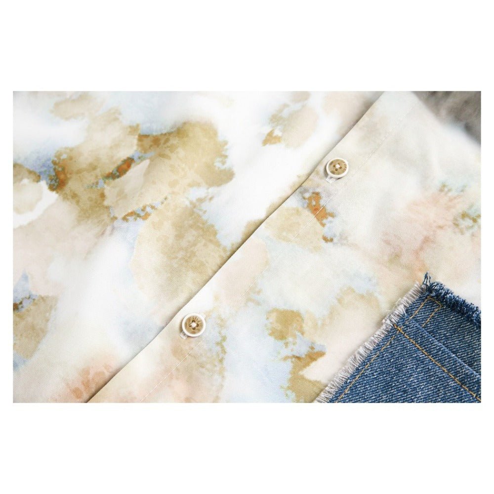 Watercolor Print Denim Short - Sleeve Shirt - Thrashink