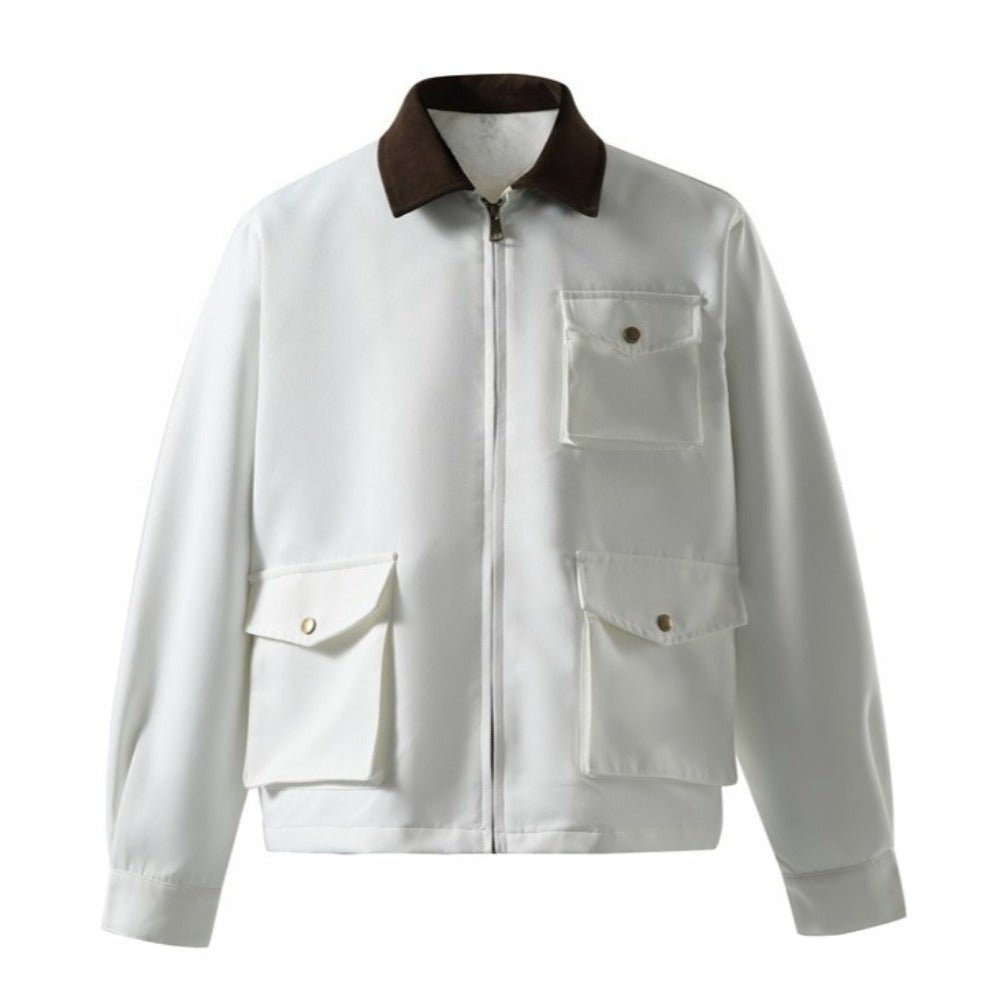 White Multi - Pocket Contrast Lapel Jacket - Thrashink