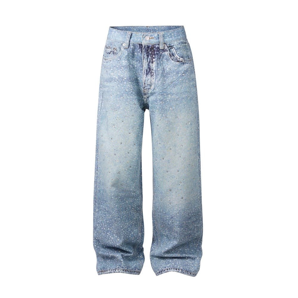 White Spot Print Rhinestone Jeans - Thrashink