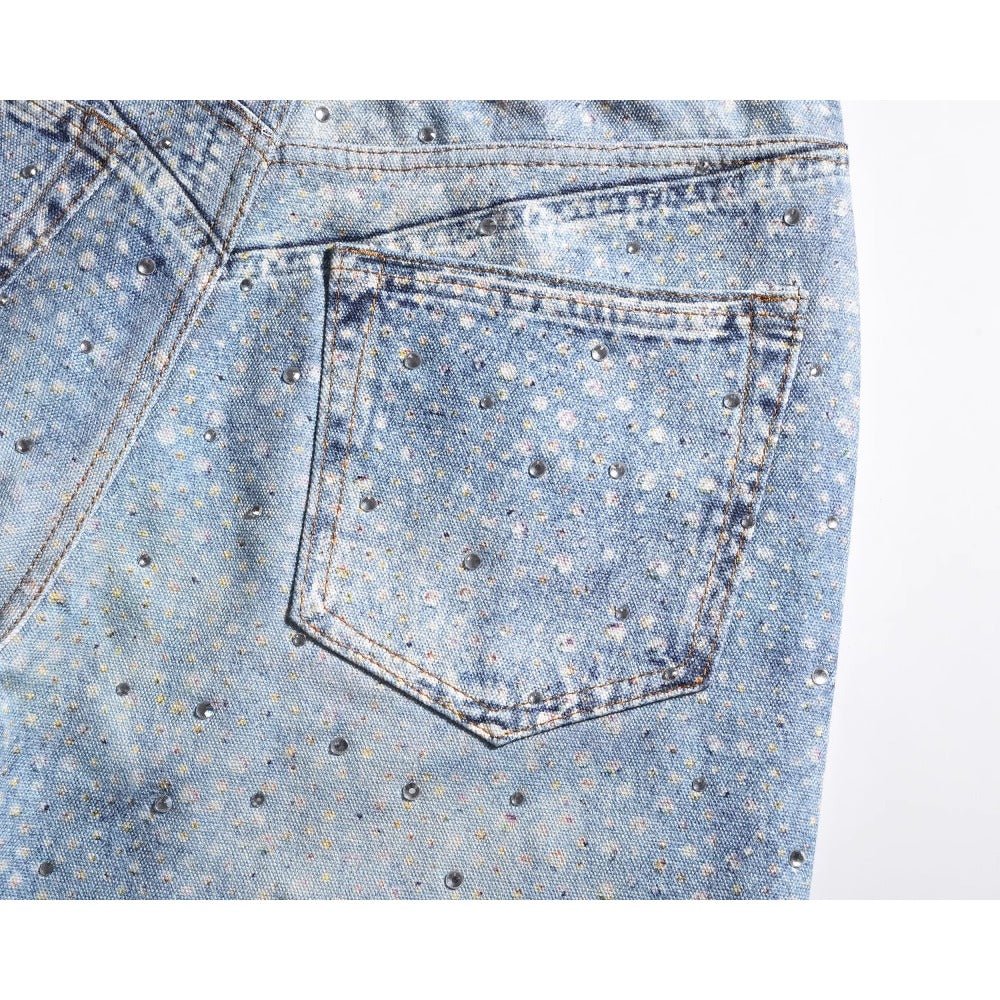 White Spot Print Rhinestone Jeans - Thrashink
