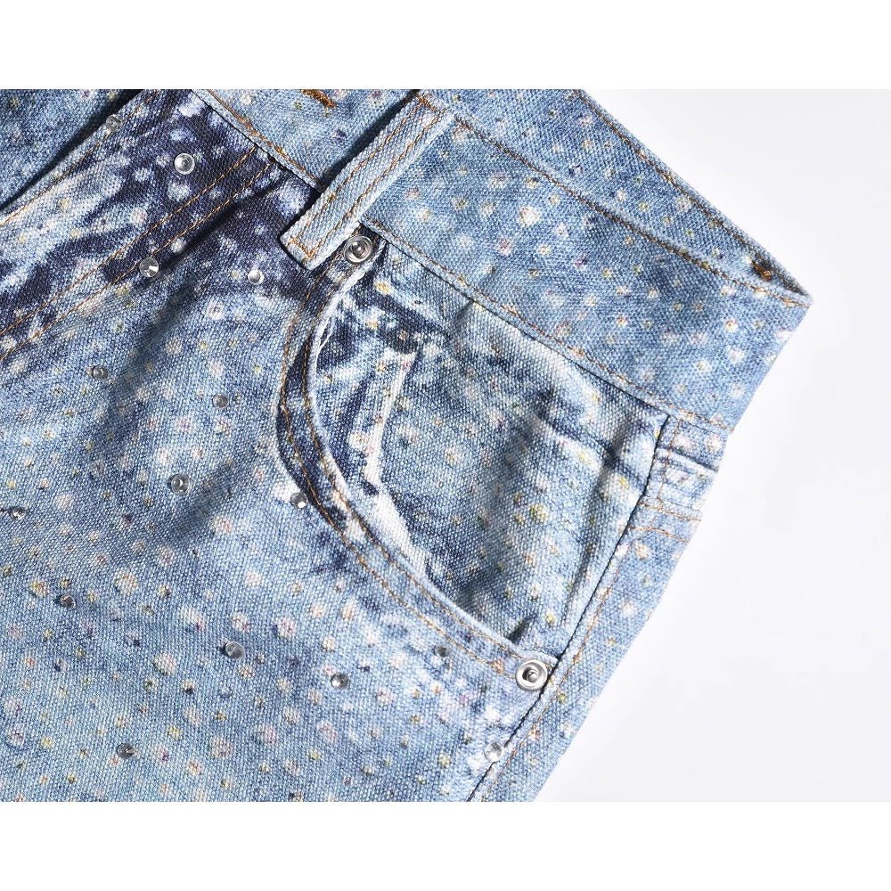 White Spot Print Rhinestone Jeans - Thrashink