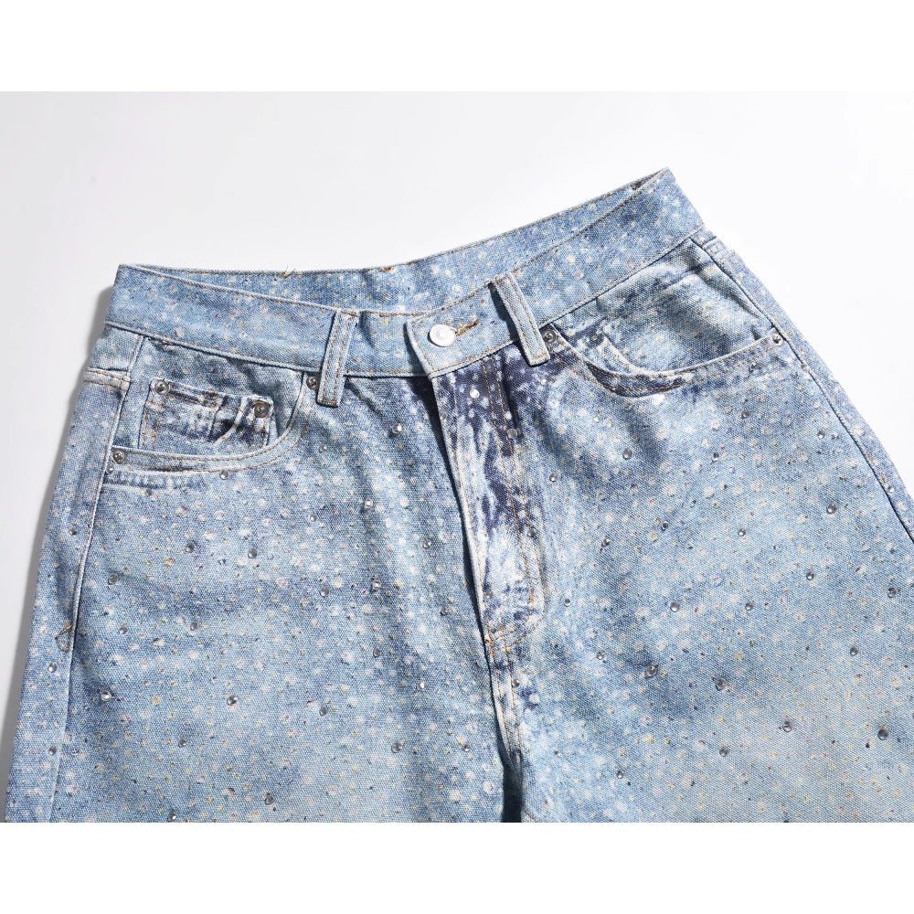 White Spot Print Rhinestone Jeans - Thrashink