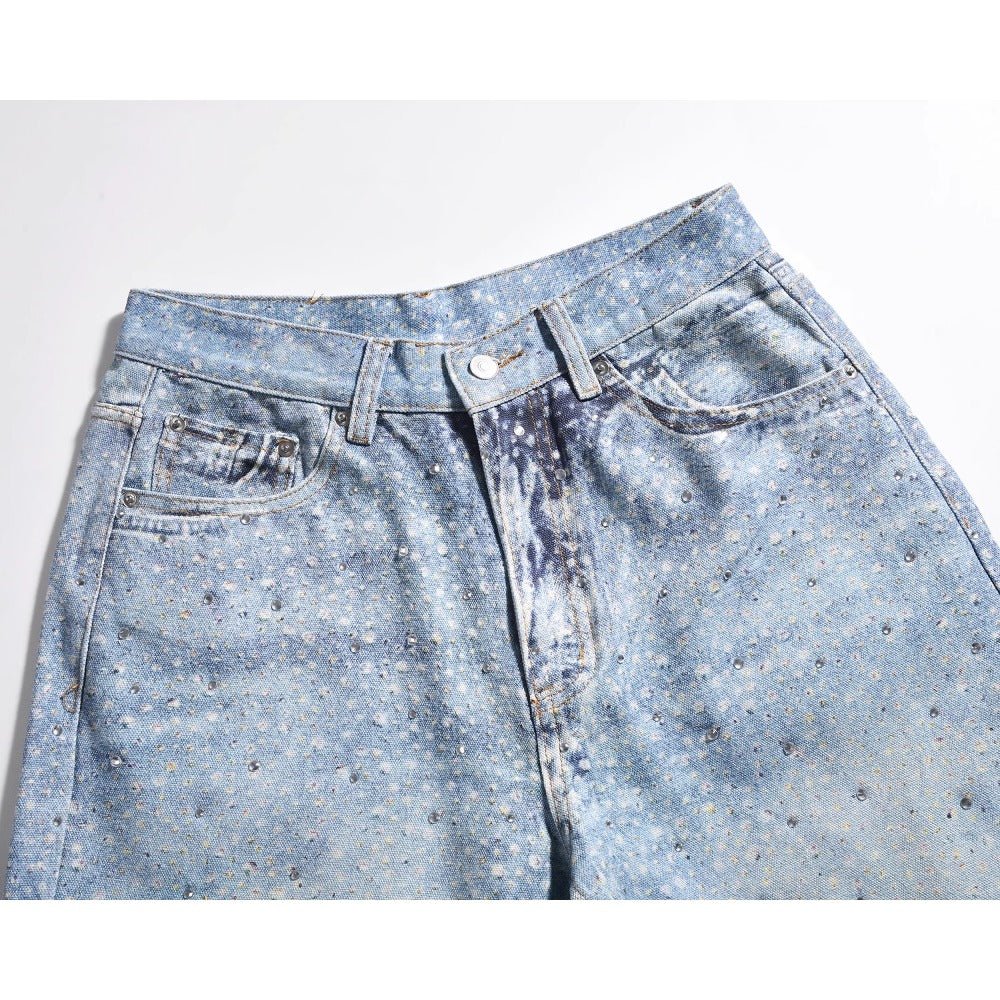 White Spot Print Rhinestone Jeans - Thrashink