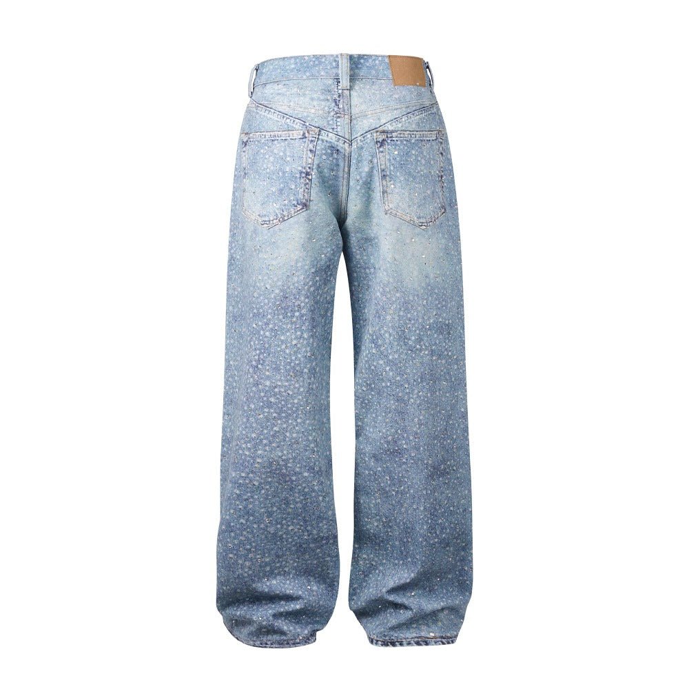 White Spot Print Rhinestone Jeans - Thrashink
