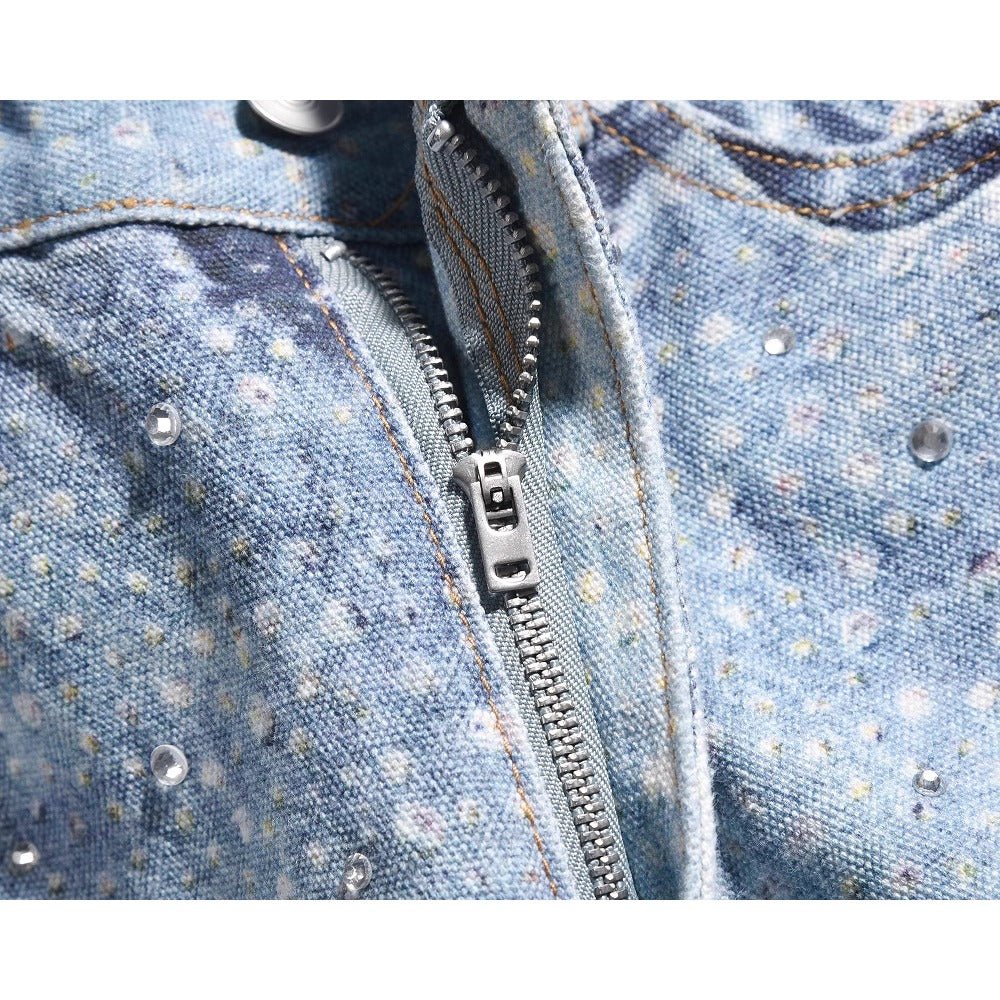 White Spot Print Rhinestone Jeans - Thrashink
