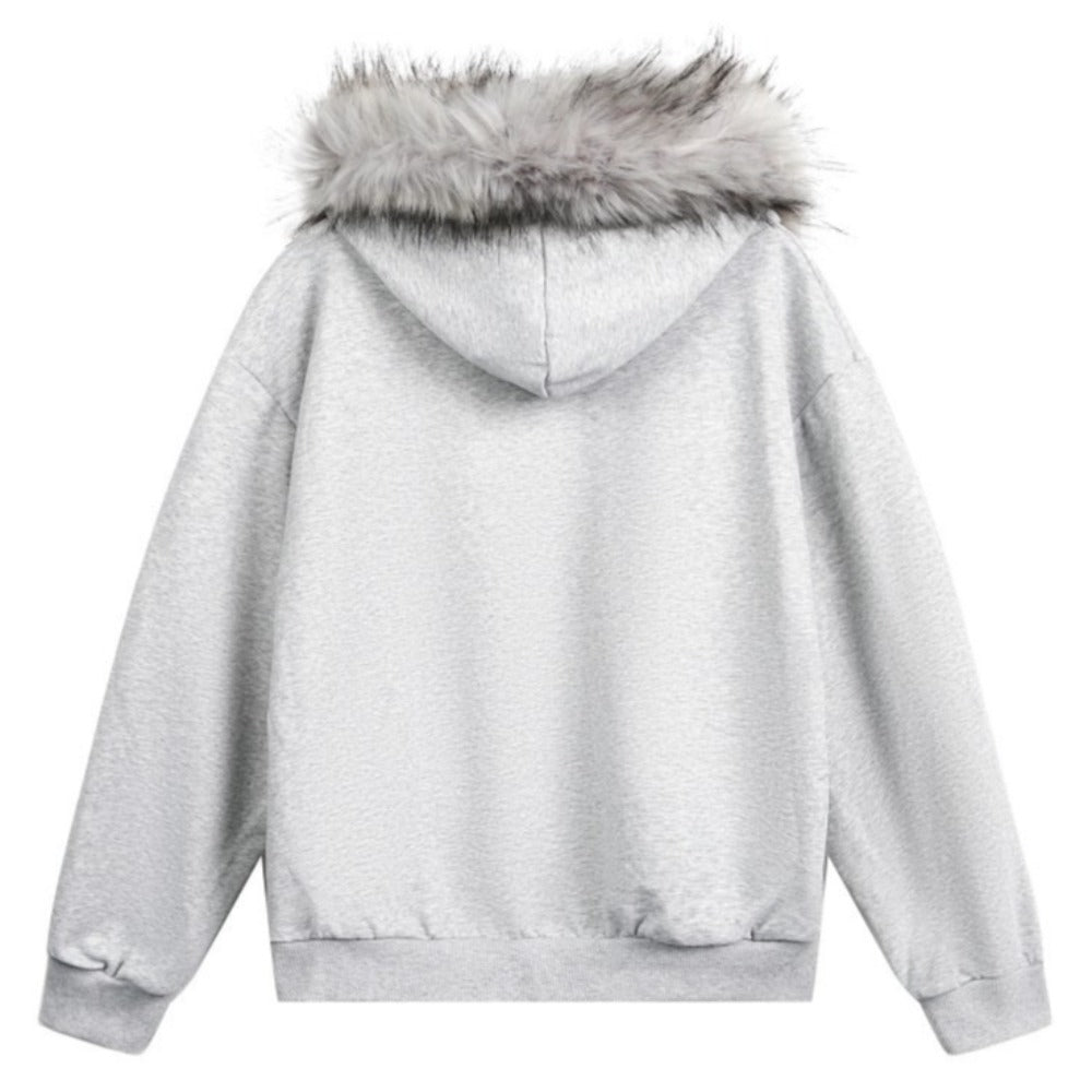 Y2K Graphic Print Fur Collar Detachable Hoodie - Thrashink