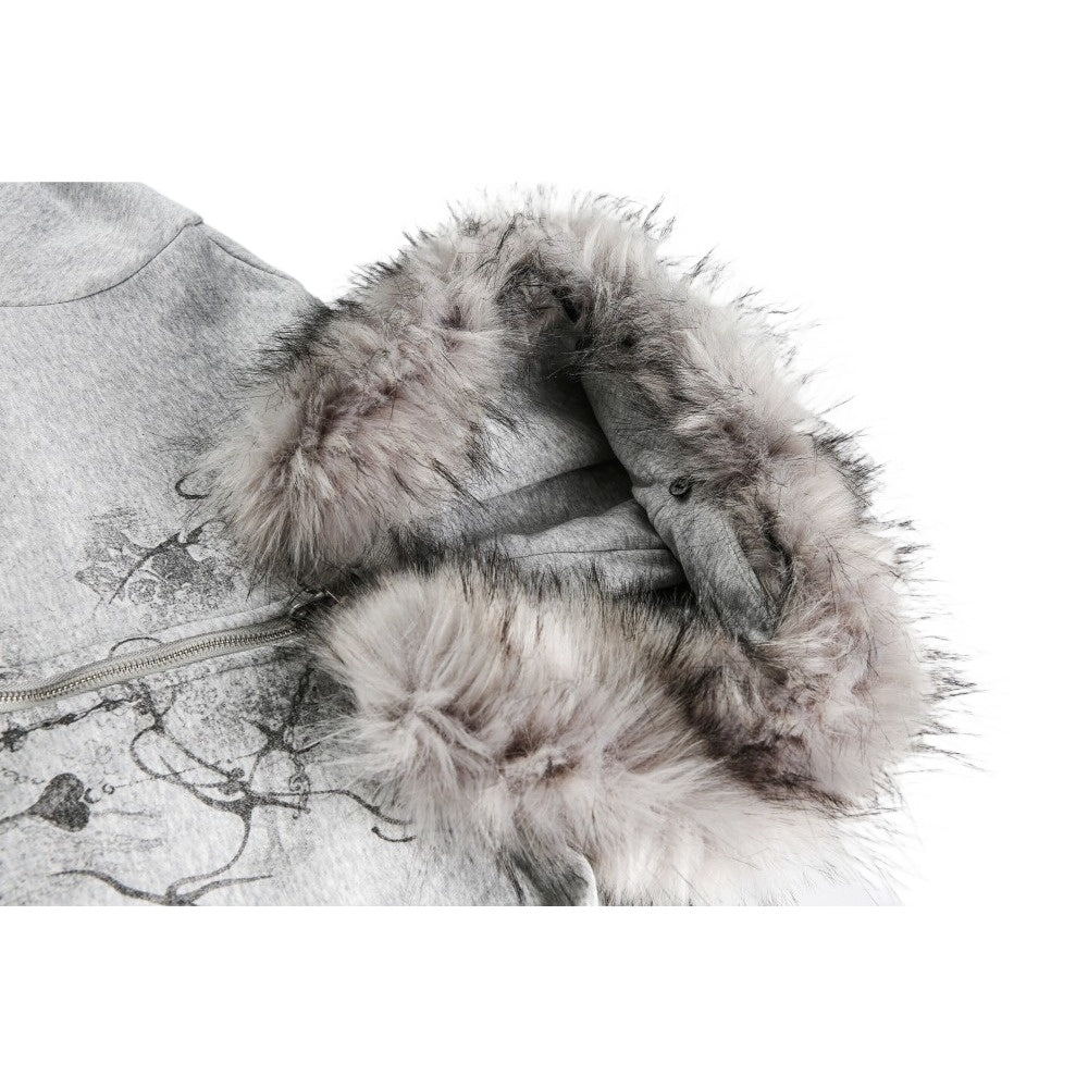 Y2K Graphic Print Fur Collar Detachable Hoodie - Thrashink