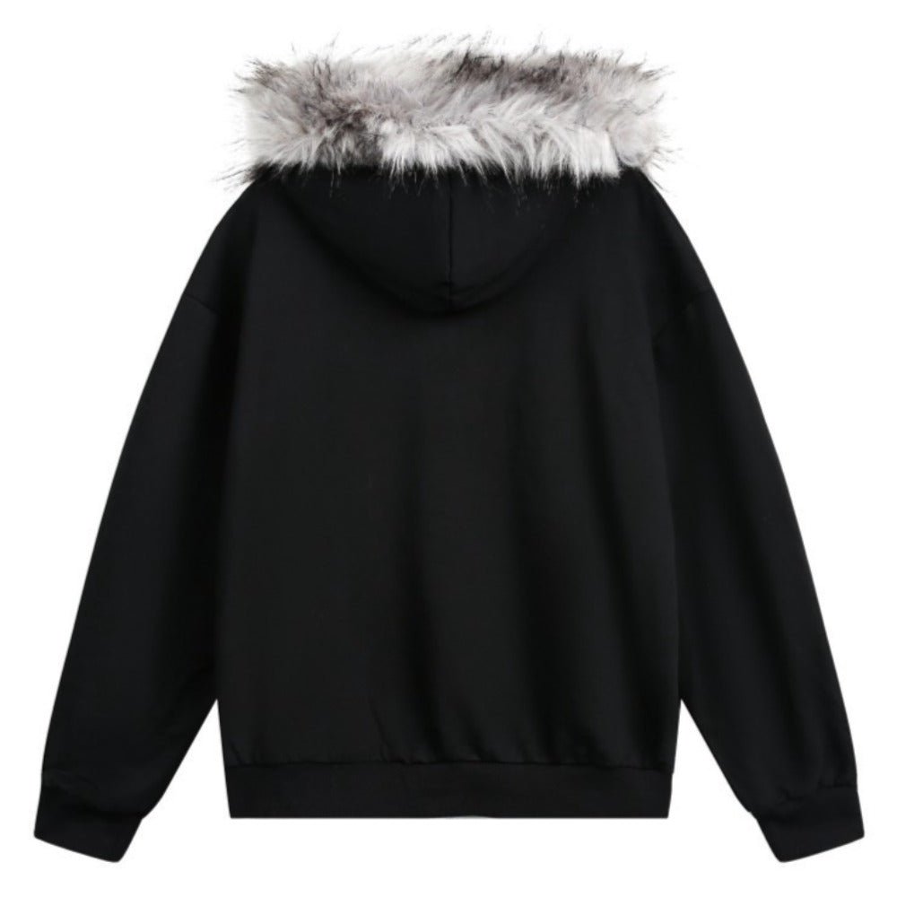 Y2K Graphic Print Fur Collar Detachable Hoodie - Thrashink