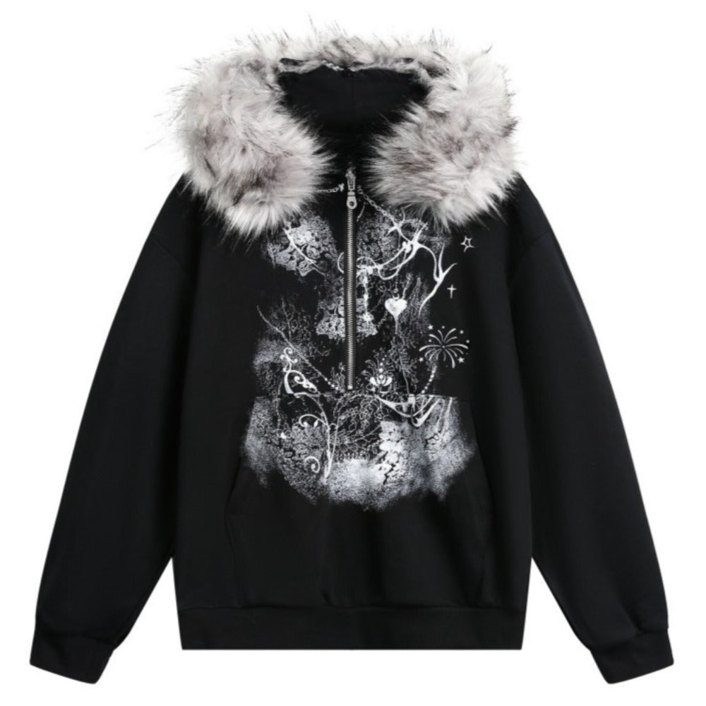 Y2K Graphic Print Fur Collar Detachable Hoodie - Thrashink