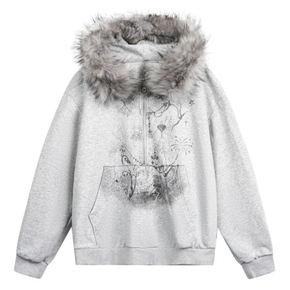 Y2K Graphic Print Fur Collar Detachable Hoodie - Thrashink