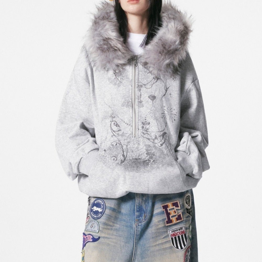 Y2K Graphic Print Fur Collar Detachable Hoodie - Thrashink