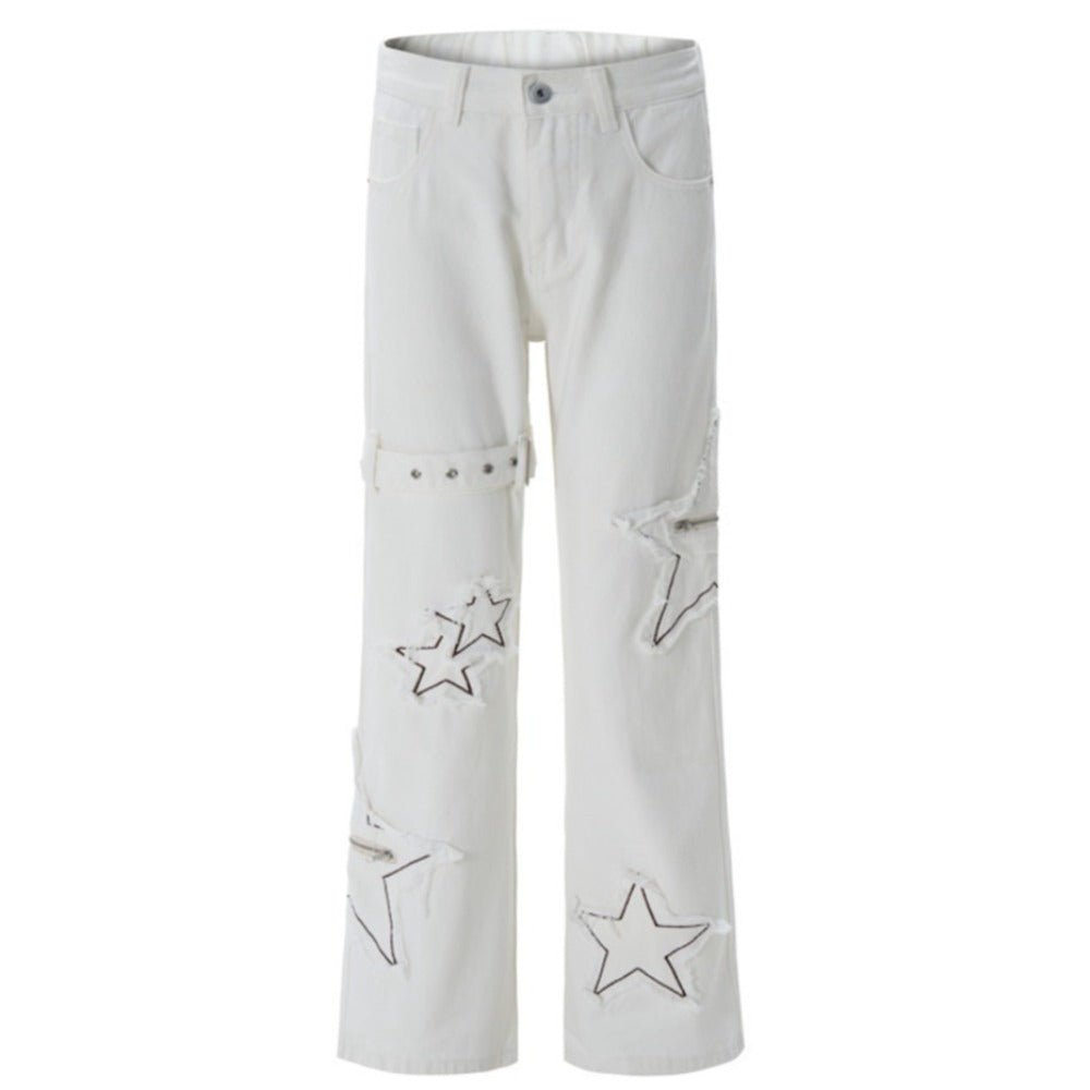 Y2K Star Pattern Zip & Buckle Flared Jeans - Thrashink